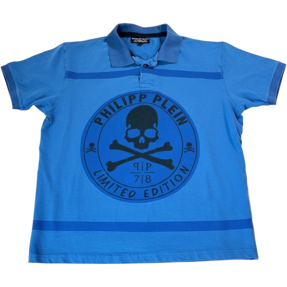 Philipp Plein Limited Edition Blue Skull Graphic Polo Shirt Mens XL Luxury